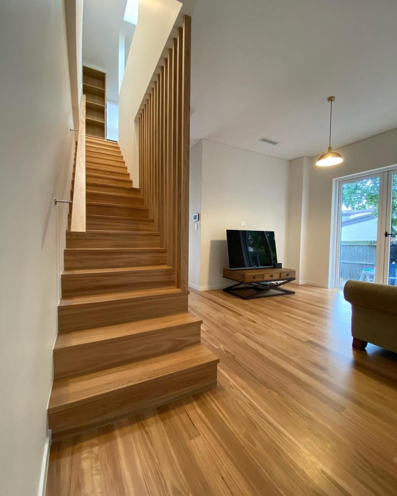 Blackbutt timber flooring and staircase makeover supplied and installed by Timber Floors Pty Ltd 